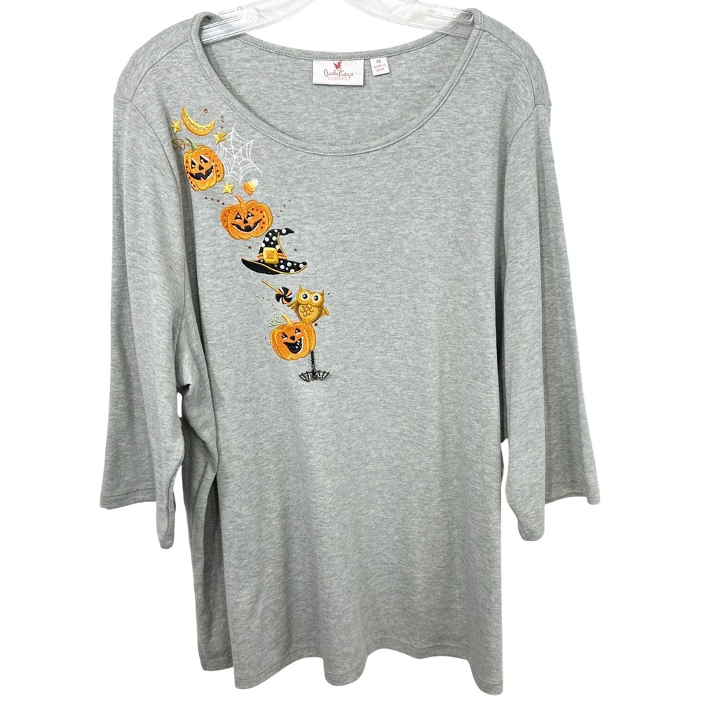 Quacker Factory Plus Size 3X Top Gray Halloween Embroidered Rhinestone Party 591